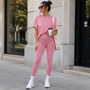 Home gymwear, athlesiure, natural fabric athleisure, yoga wear, pink gym sets